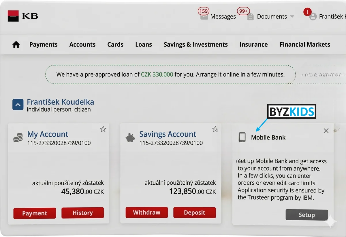 Komerční banka app screen