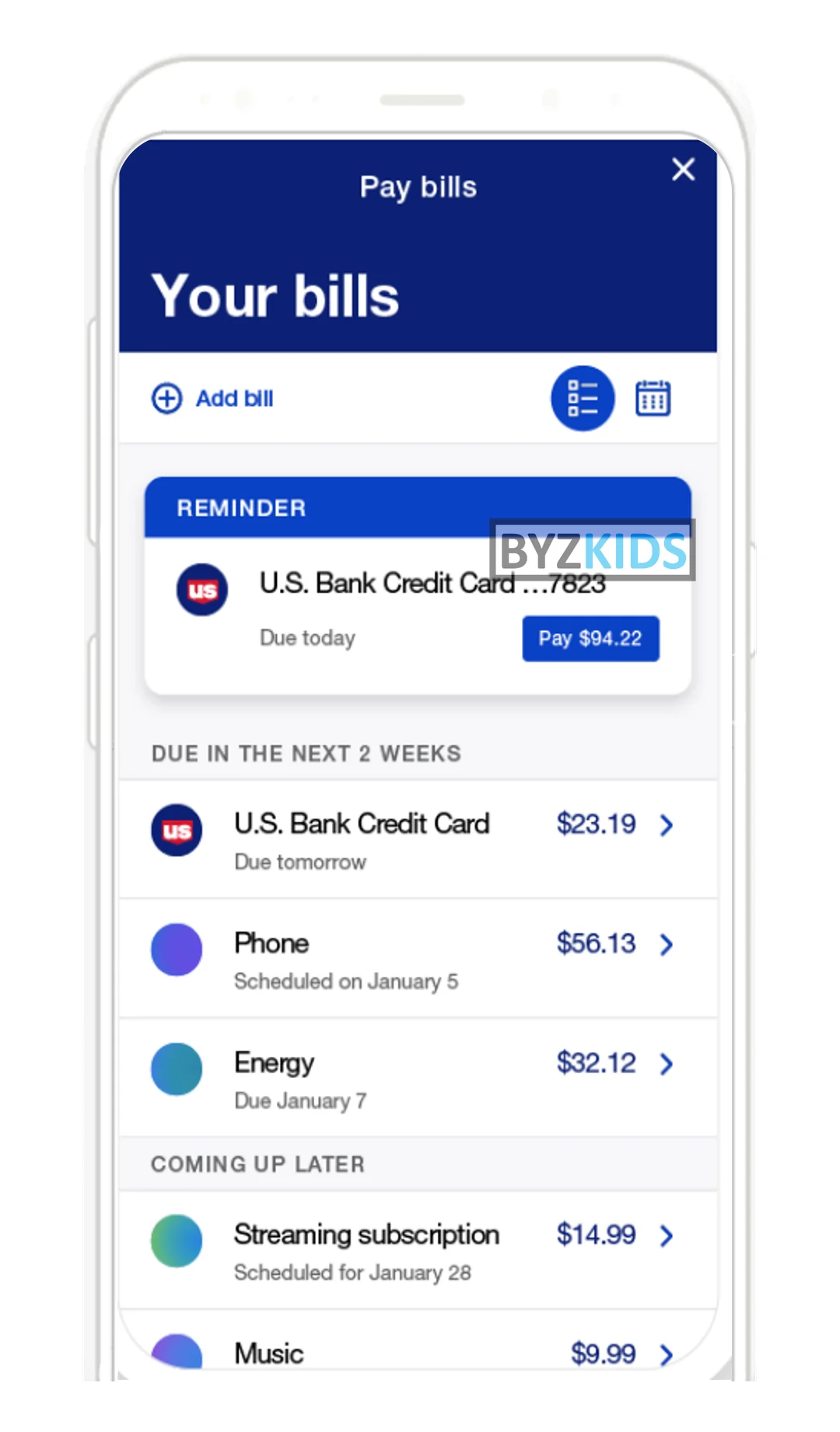 US Mobile app screen