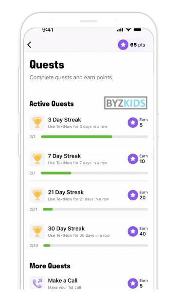 TextNow: Gamified quest streaks rewarding usage with redeemable points