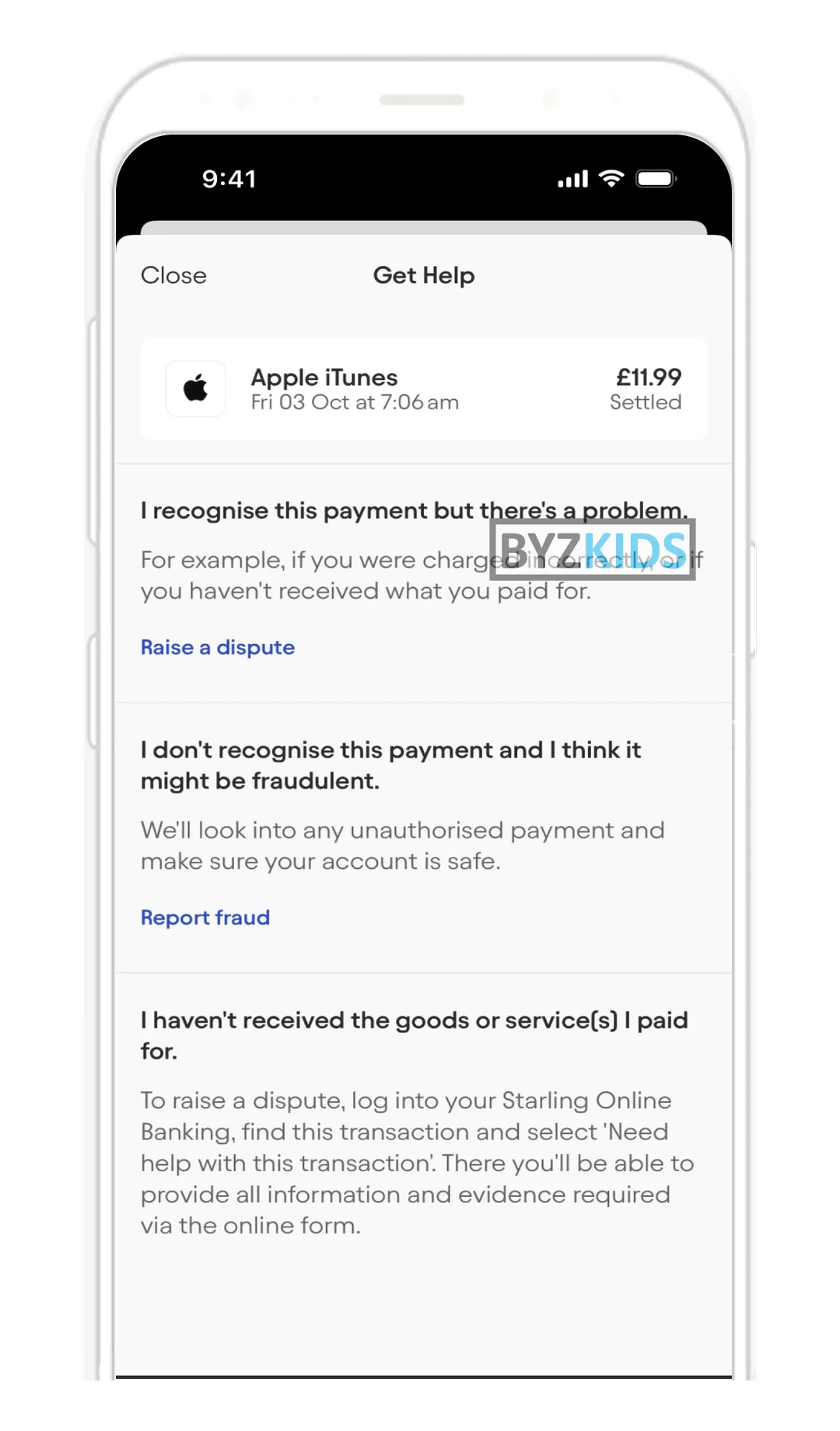 Starling Bank: Contextual help screen embedded in payment transactions